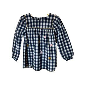 Mud Pie Girls size 4 Navy Gingham Long Sleeve Top With Polka Dot Embroidery & Bu